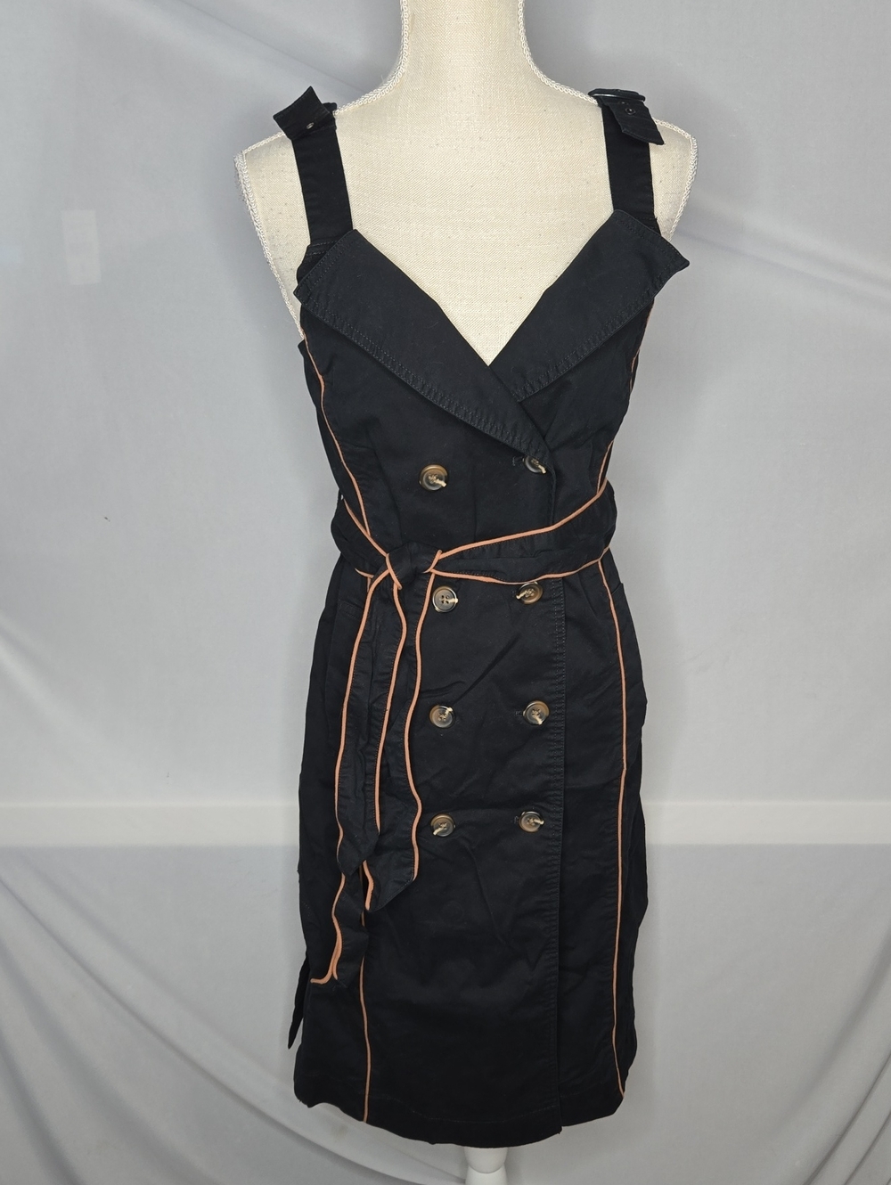 Maeve Trench Midi Dress Black Midi with Tan Piping 2 Slits And Pockets Size 4